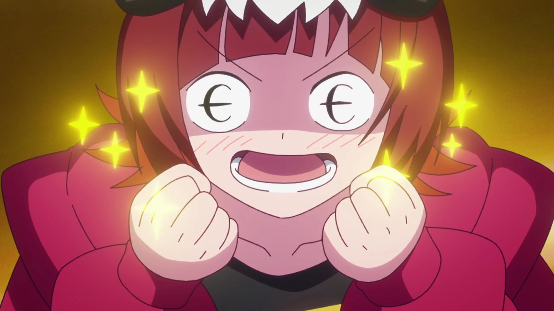 赤い服を着た赤髪のアニメキャラクターが、ユーロマークの目をして興奮した表情を見せています。両手を握りしめ、キラキラとしたエフェクトが周囲に描かれており、何かを強く決意しているかのようなコミカルなシーンです。