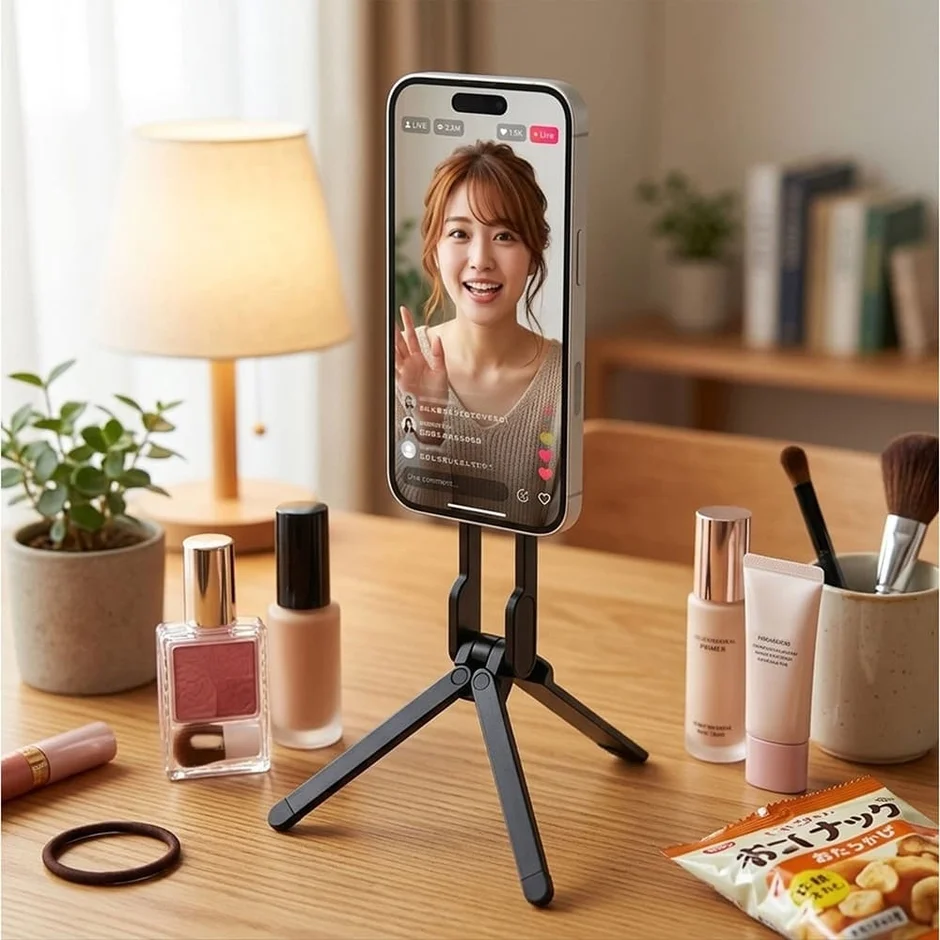 ライブ配信する女性とスマホスタンド