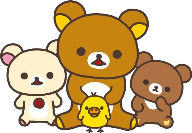 人気キャラクターのリラックマ、コリラックマ、チャイロイコグマ、キイロイトリが並んで座っている可愛らしいイラストです。白い背景に親しみやすいデザインで描かれています。