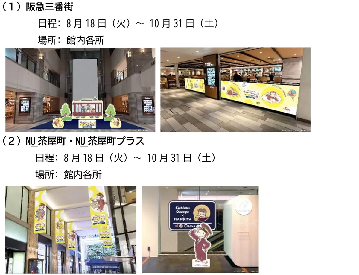 おさるのジョージと阪急・NU茶屋町のコラボイベントの告知画像。阪急三番街とNU茶屋町・NU茶屋町プラスで、8月18日から10月31日まで開催される館内装飾や展示の様子が示されている。
