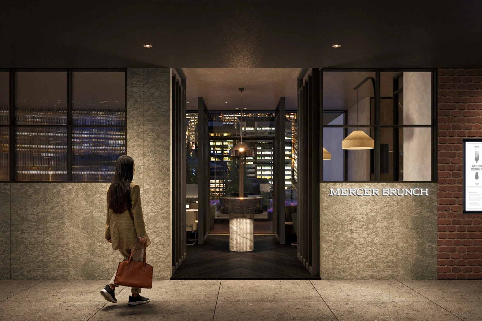 レストラン、カフェ、夜景、都市、女性、入口