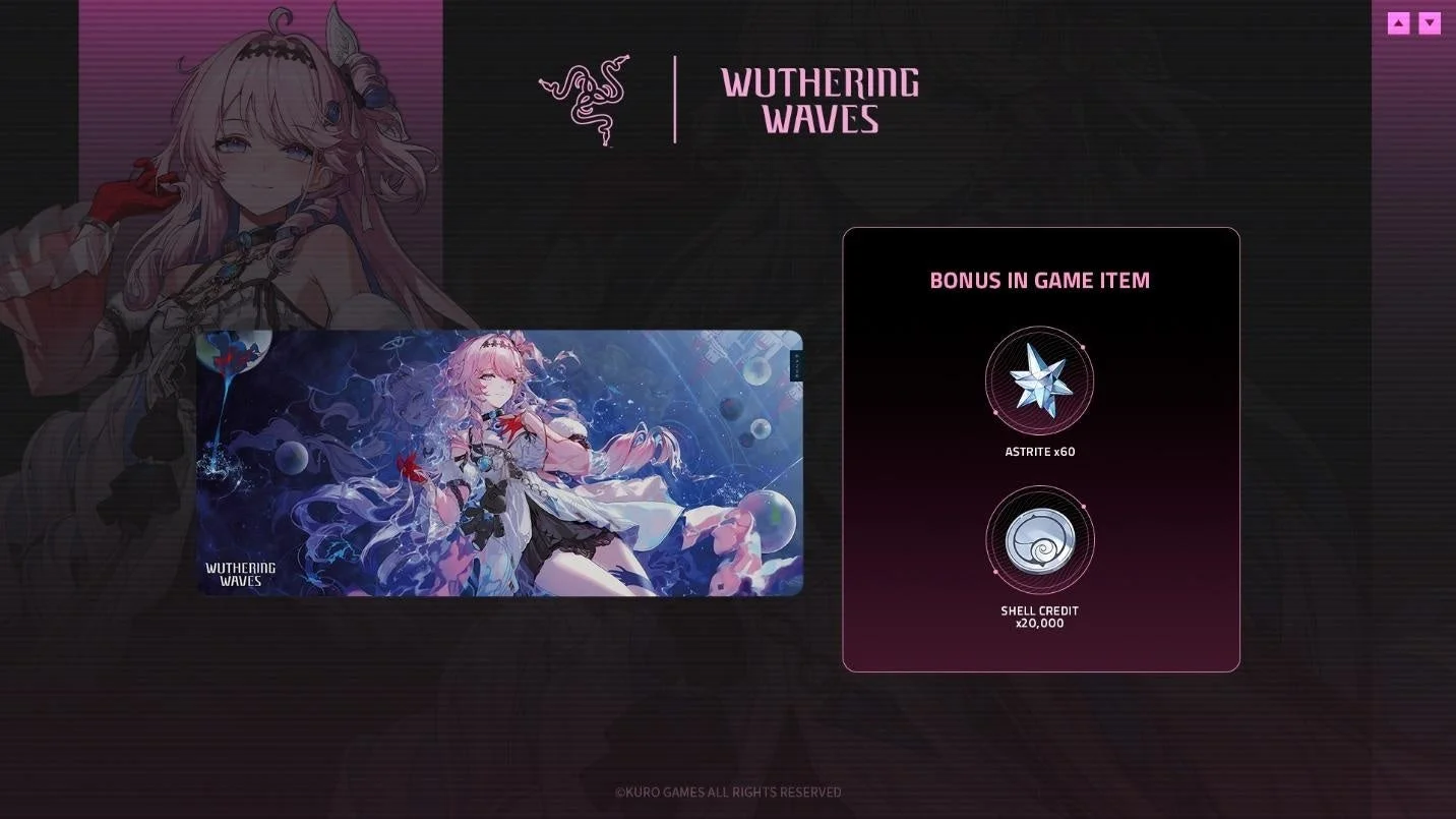 Razerとゲーム「Wuthering Waves」のコラボレーション広告で、ゲームキャラクターがデザインされたマウスパッドと、購入特典としてゲーム内アイテム(ASTRITE x60、SHELL CREDIT x20,000)が紹介されています。
