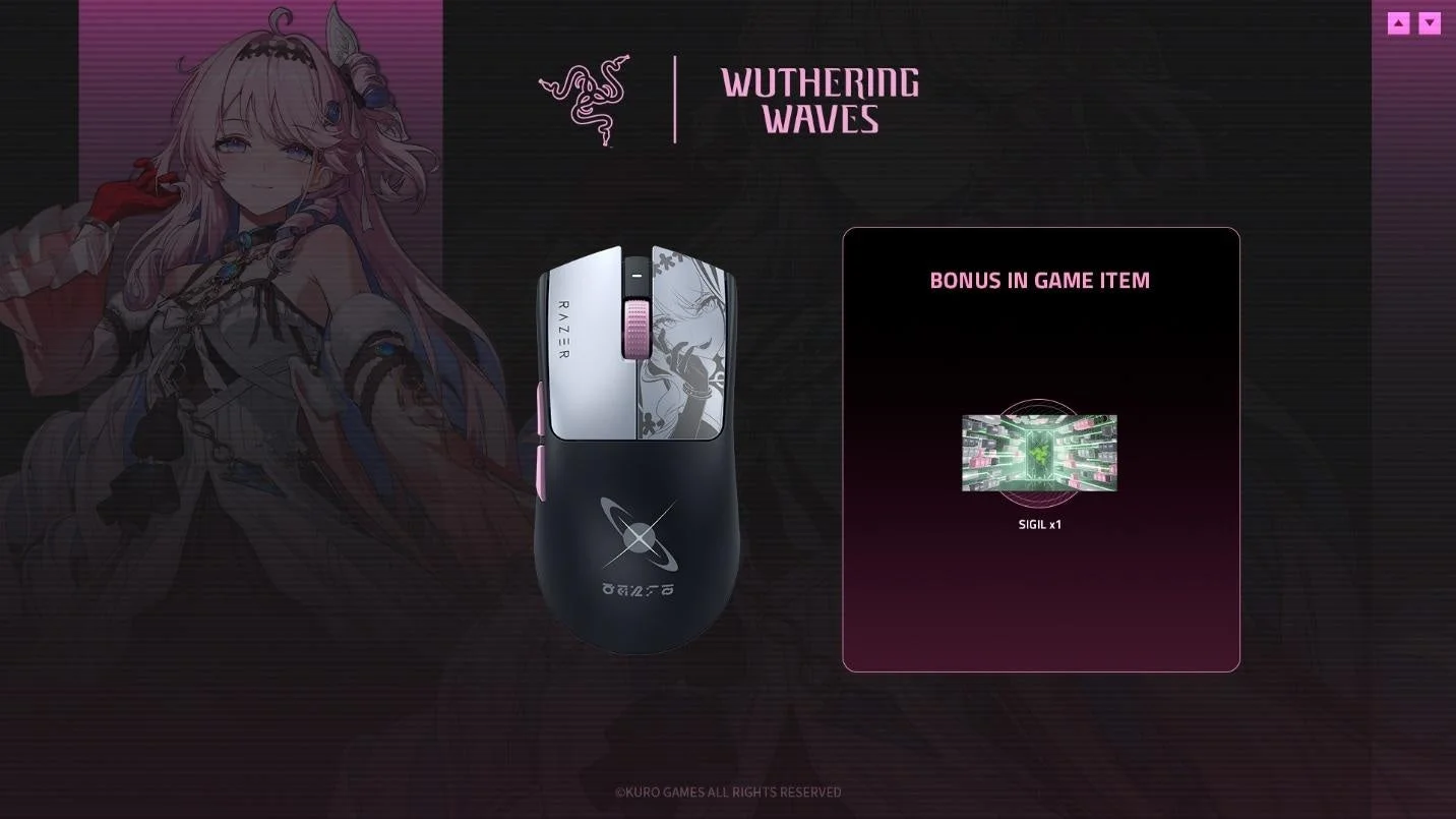 Razerとゲーム「Wuthering Waves(鳴潮)」のコラボレーション製品を紹介する画像です。特製デザインのゲーミングマウスと、購入特典としてゲーム内アイテム「SIGIL x1」が含まれていることが示されており、美麗なアニメキャラクターも描かれています。