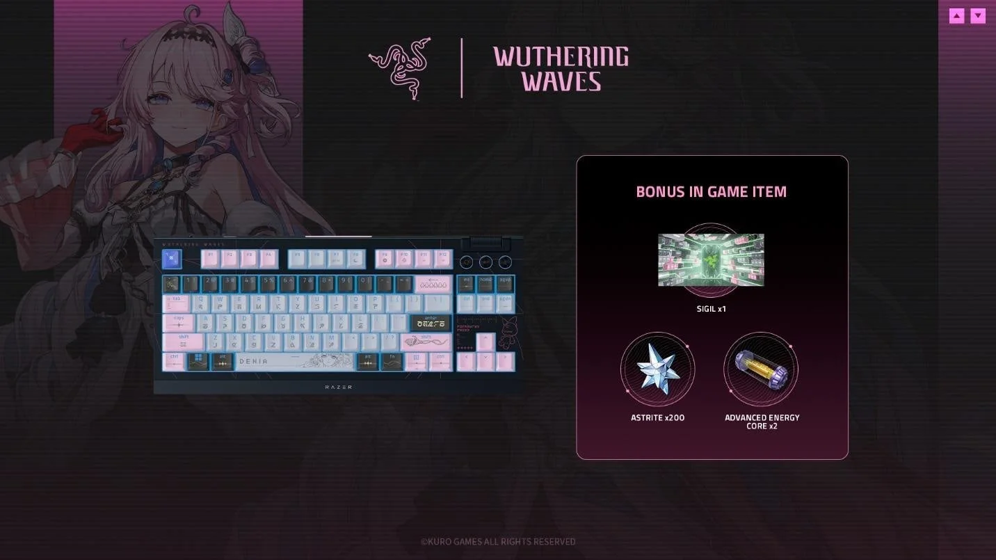 RazerとWuthering Wavesのコラボレーションを告知する画像で、カスタムデザインされたゲーミングキーボードと、購入特典として付与されるゲーム内アイテム(Sigil、Astrite、Advanced Energy Core)が紹介されています。背景にはアニメキャラクターが描かれています。
