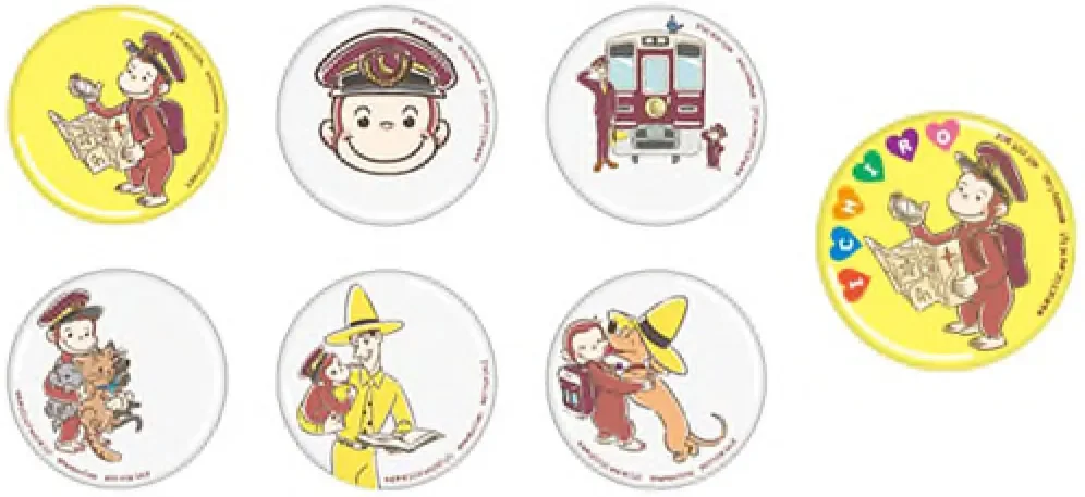 おさるのジョージとその仲間たちが描かれた複数の円形缶バッジのコレクション画像です。ジョージが車掌の姿をしていたり、黄色い帽子のおじさん、猫、犬など様々なキャラクターとの可愛らしいシーンが描かれています。