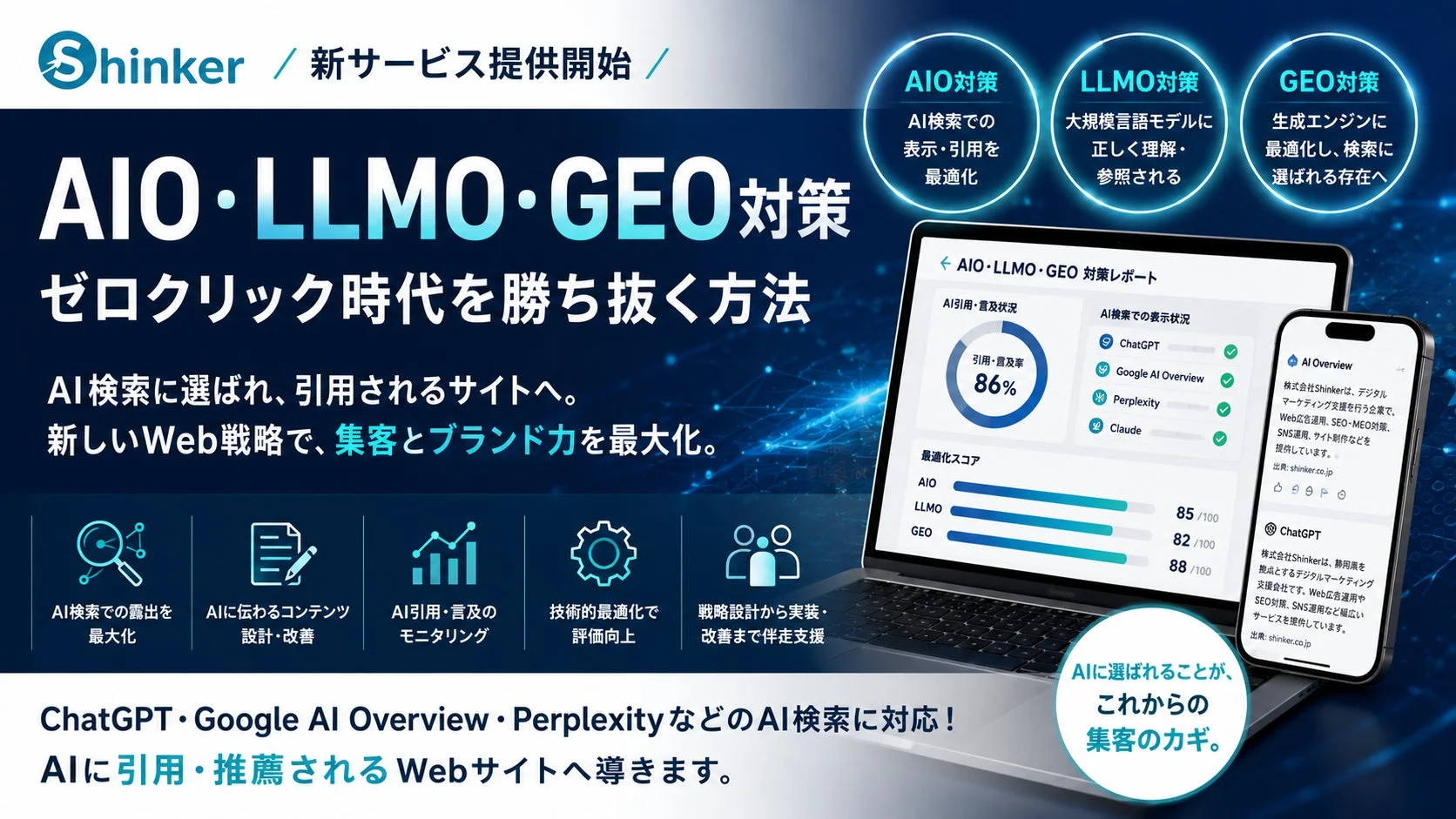 Shinkerの新サービス「AIO・LLMO・GEO対策」の紹介スライド
