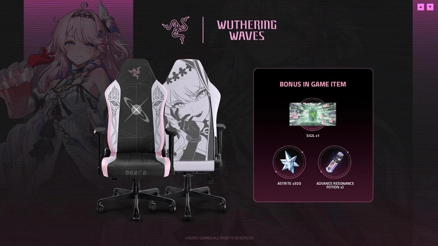 RazerとWuthering Wavesのコラボレーションを発表する画像です。ピンクと黒のデザインが特徴のゲーミングチェア2脚が展示されており、アニメキャラクターが描かれたバージョンもあります。購入特典としてゲーム内アイテムも紹介されています。