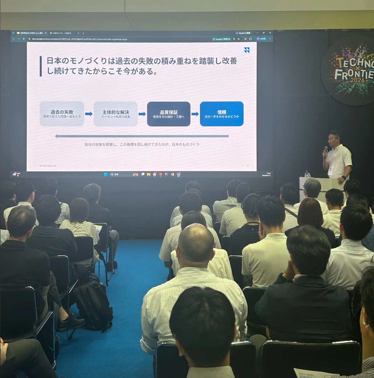 「日本のモノづくり」に関する講演会で、講師が聴衆に向けてプレゼンテーションを行っている。スライドには、過去の失敗を教訓に品質保証と信頼を築く改善サイクルが示されており、聴衆は熱心に耳を傾けている。