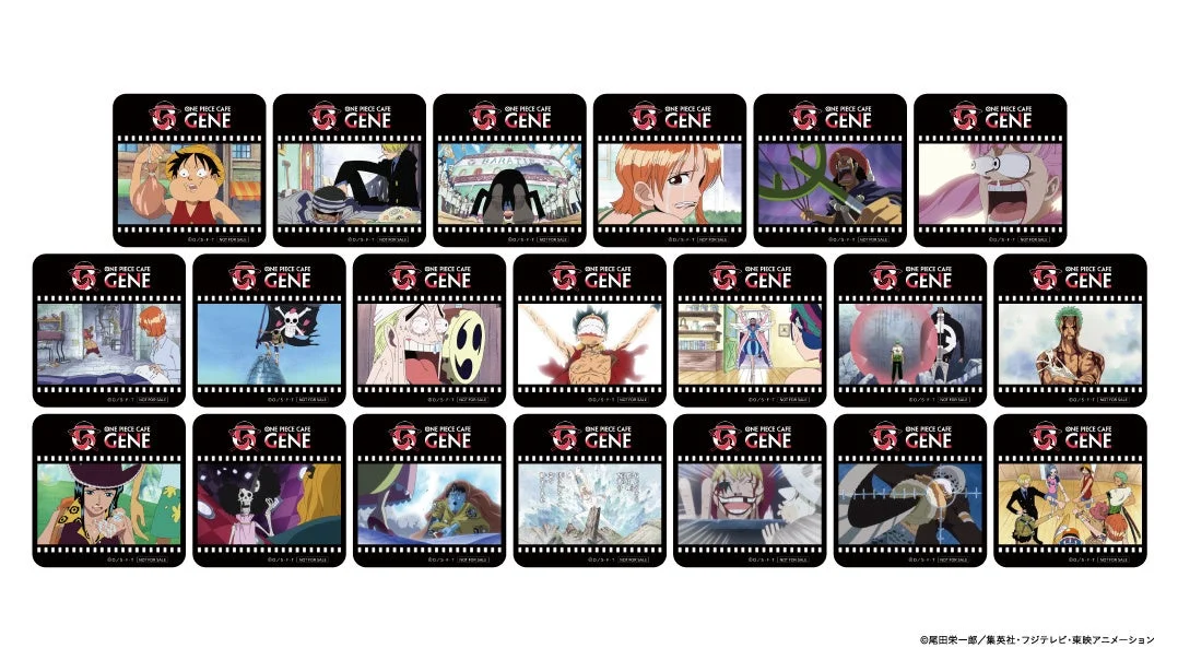 人気アニメ「ONE PIECE」のキャラクターや名場面が描かれた、フィルム風デザインのカードが18種類並んでいます。各カードには「ONE PIECE CAFE GENE」のロゴが入っており、コレクターズアイテムと思われます。