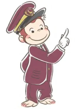 おさるのジョージが、ワインレッド色の制服と帽子を身につけ、白い手袋をした右手で何かを指差しているイラスト。親しみやすい笑顔を浮かべている。
