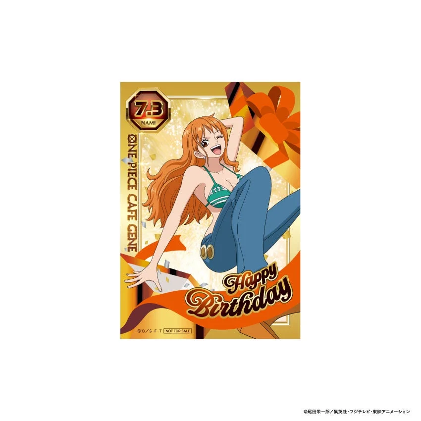 人気アニメ『ワンピース』のキャラクター、ナミの誕生日を祝うイラストカード。7月3日の誕生日を記念し、プレゼントボックスや紙吹雪に囲まれ笑顔を見せるナミが描かれており、ONE PIECE CAFEのグッズであることが示唆されています。