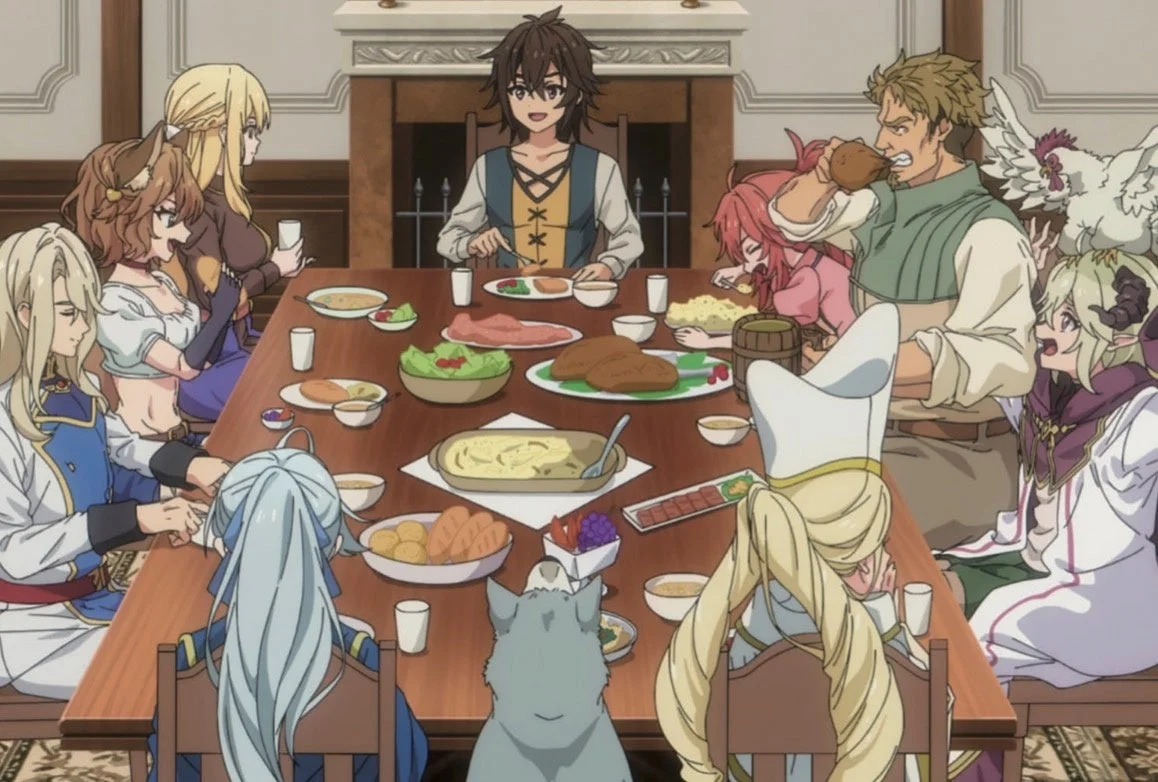 アニメキャラクターたちがテーブルを囲んで食事を楽しむ様子