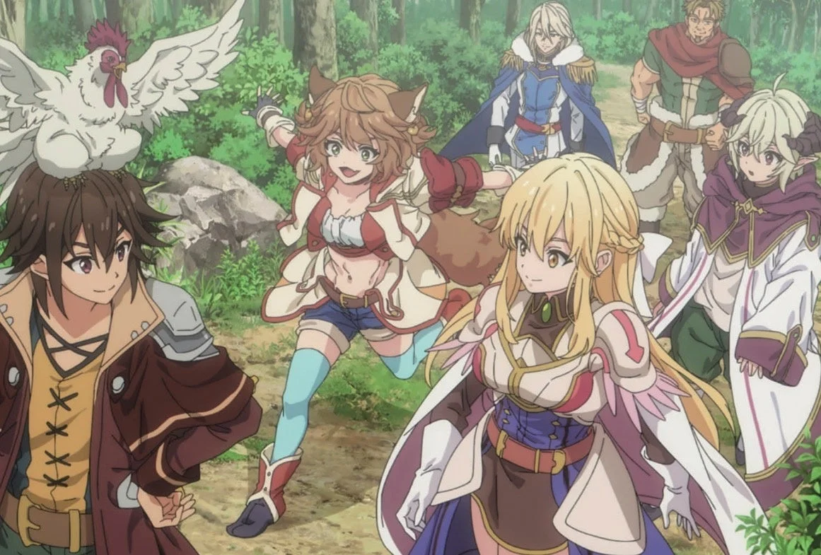 森の中を進むアニメキャラクターのパーティー