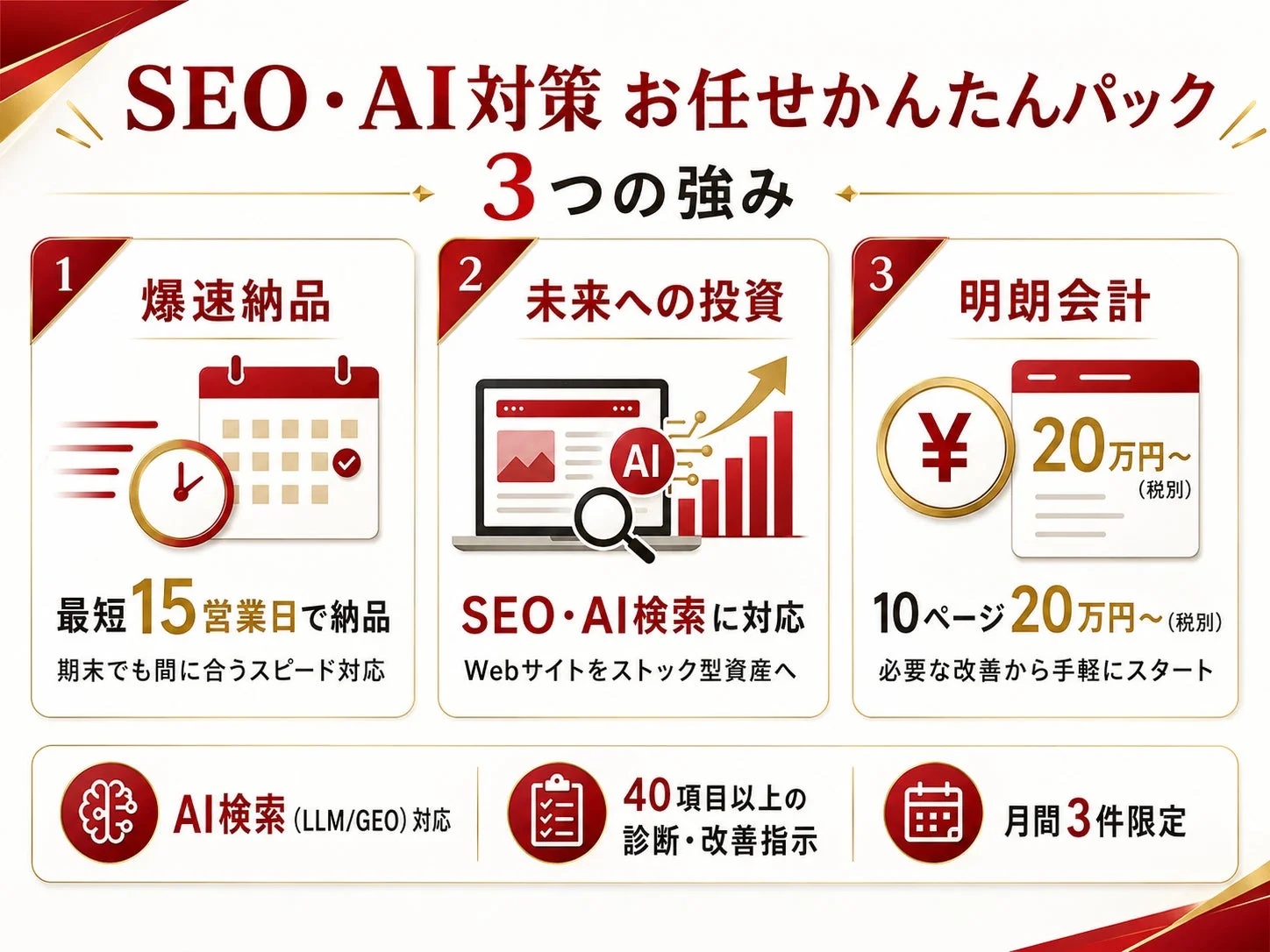 SEO・AI対策 お任せかんたんパックの3つの強み