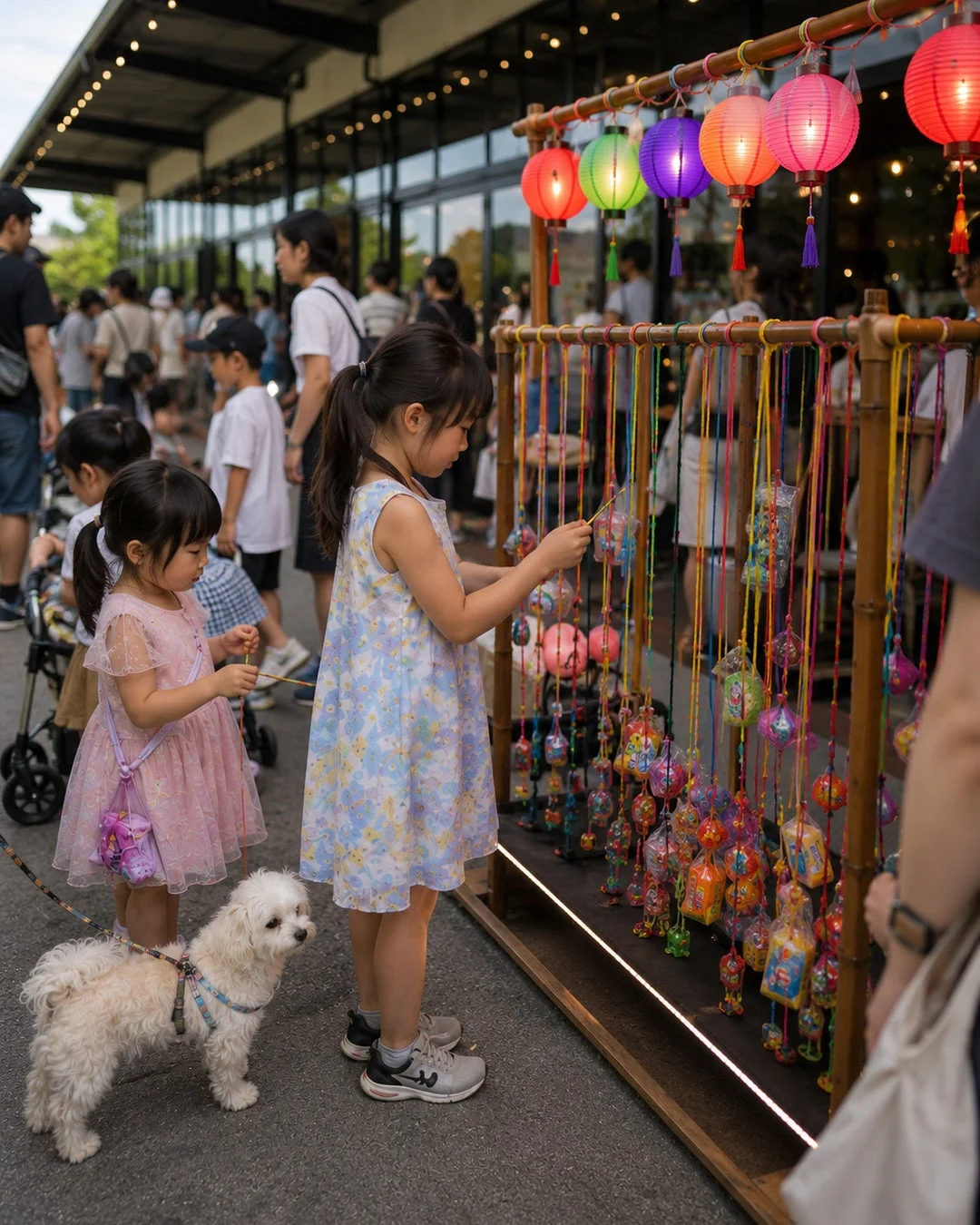 屋外のイベント会場で、2人の幼い女の子と白い犬がカラフルな提灯や吊るし飾りの屋台を眺めています。背景には多くの人々が行き交い、賑やかな雰囲気が伝わってきます。