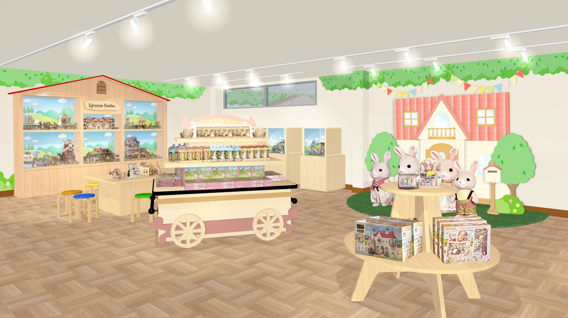 シルバニアファミリーの世界観が広がる明るいショップの店内風景です。様々なキャラクターやドールハウスのジオラマが展示され、豊富な商品が並んでいます。ウサギのキャラクター人形も複数飾られ、子供たちが楽しめるような可愛らしい空間が演出されています。
