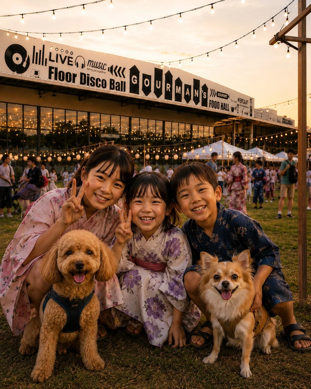 浴衣を着た3人の子供たちが、2匹の犬と一緒に夏祭りのような屋外イベントで笑顔を見せている。背景には「LIVE music」や「GOURMAN'S FOOD HALL」と書かれた看板があり、電飾が輝いている。楽しい夕暮れのひとときを捉えた一枚。
