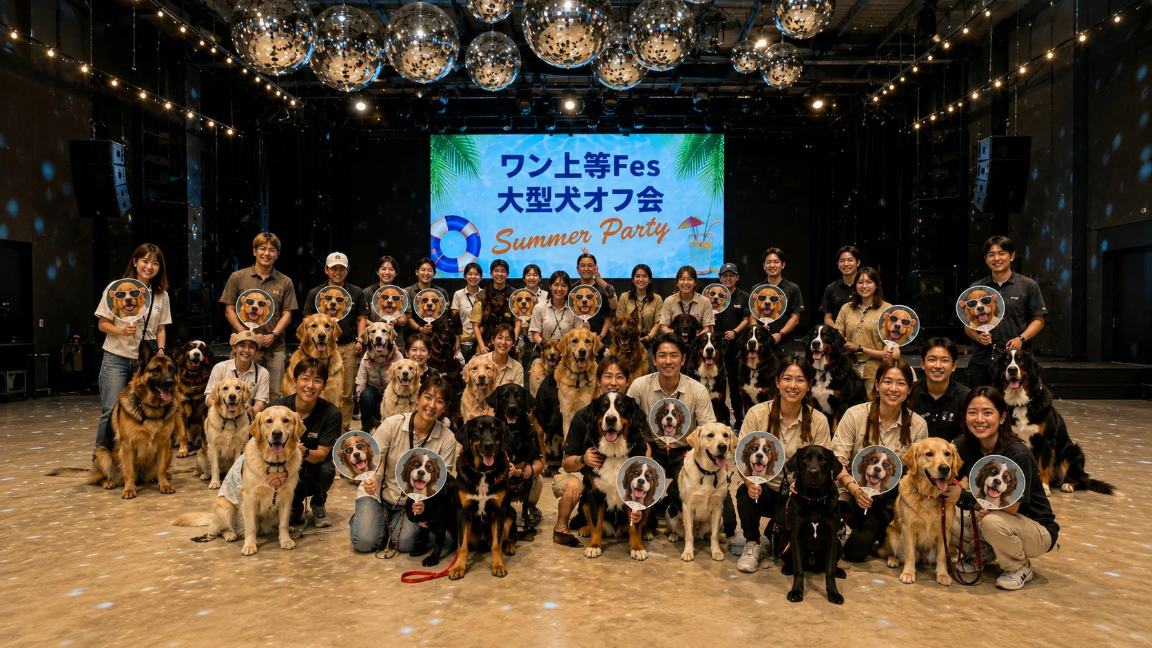 ワン上等Fes Summer Partyでの大型犬と飼い主の集合写真