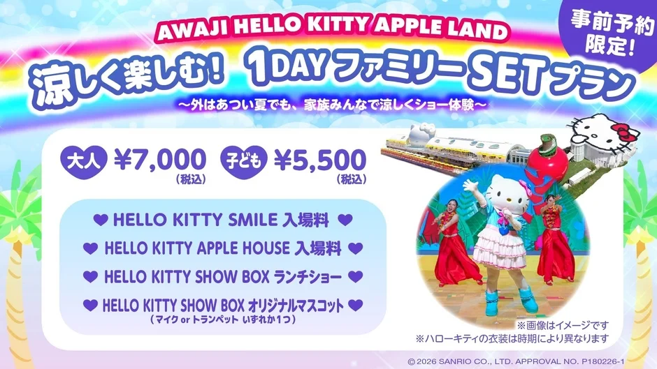 淡路島「HELLO KITTY APPLE LAND」の1DAYファミリーセットプランの告知。大人7,000円、子ども5,500円で、ハローキティ施設入場料、ランチショー、オリジナルマスコットが含まれる。事前予約限定で、家族で涼しいショー体験が楽しめる。