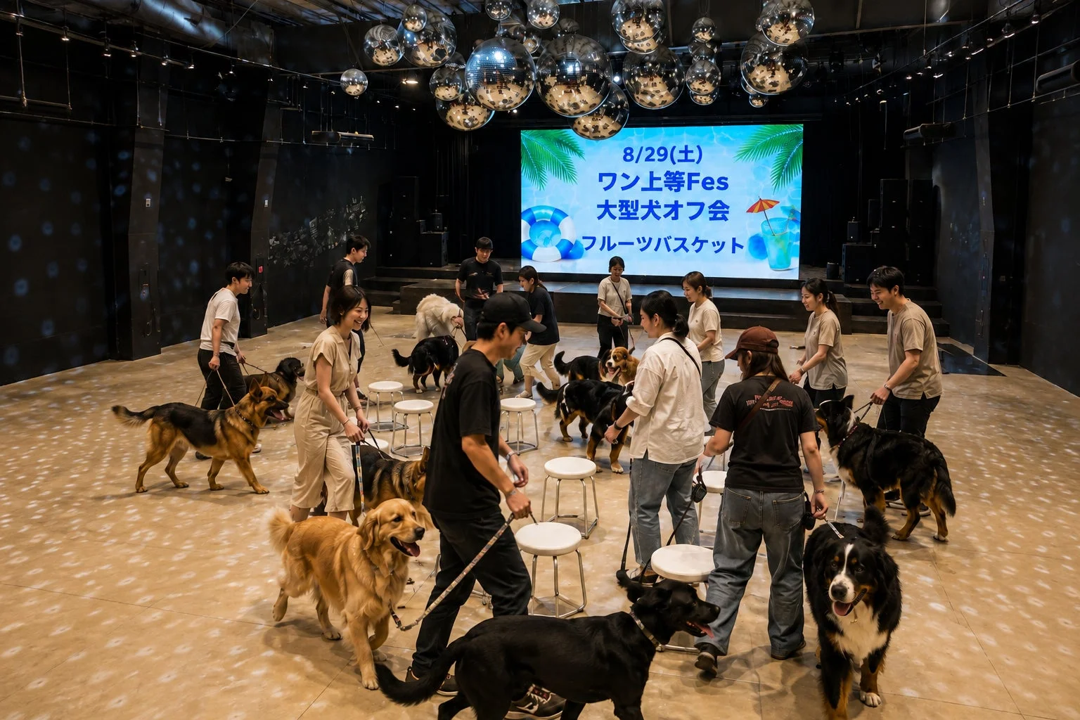 大型犬オフ会でフルーツバスケットを楽しむ様子
