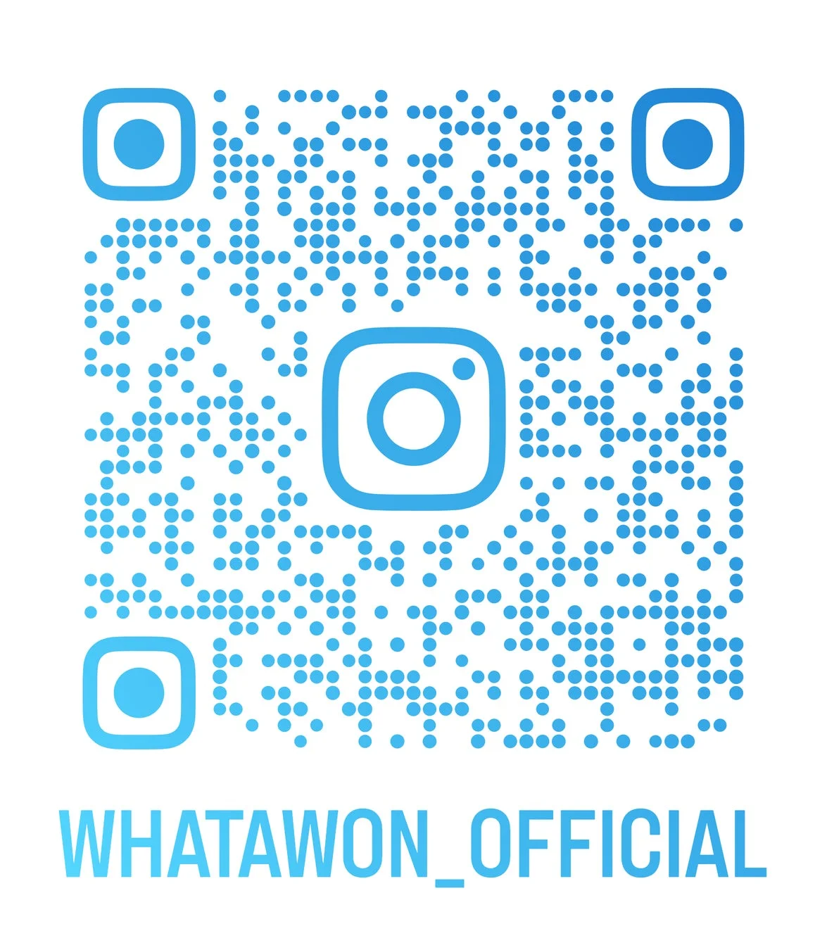 「WHATAWON_OFFICIAL」という名前のInstagramアカウントにリンクするQRコードです。Instagramのロゴが中央に配置されており、青いドットと白い背景で構成されています。