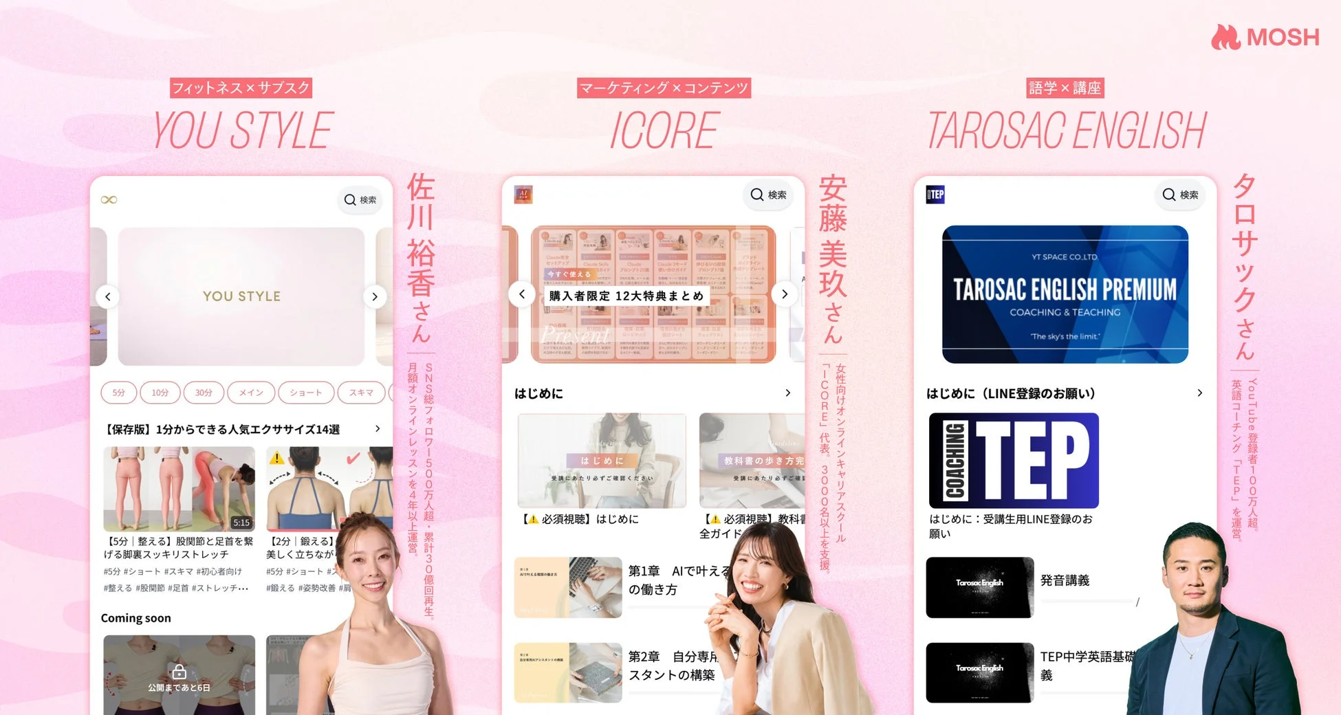 MOSHプラットフォームで提供される3つのオンラインコンテンツを紹介。フィットネスの「YOU STYLE」、マーケティングとコンテンツの「ICORE」、英語学習の「TAROSAC ENGLISH」があり、それぞれ著名な講師が動画やオンラインレッスンを通じて、運動、キャリアアップ、語学学習をサポートするサービスです。