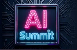 「AI Summit」と書かれたネオンサインのロゴが特徴的な画像です。ピンクと青の鮮やかな光が目を引き、テクノロジーイベントの開催を暗示しています。