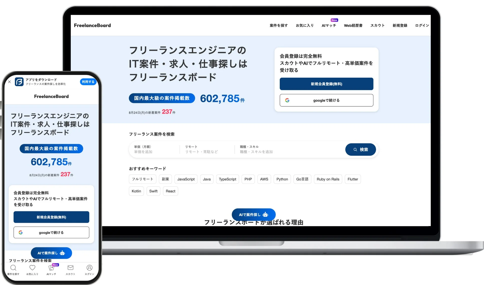 FreelanceBoard アプリをダウンロード フリーランスの案件探しを効率化 利用する フリーランスエンジニアのIT案件・求人・仕事探しはフリーランスボード 国内最大級の案件掲載数 602,785件 8月24日(月)の新着案件 237件 案件を探す お気に入り AIマッチ New Web経歴書 スカウト 新規登録 ログイン 会員登録は完全無料 スカウトやAIでフルリモート・高単価案件を受け取る 新規会員登録(無料) googleで続ける AIで案件探し フリーランス案件を検索 単価(月額) 単価を追加 リモート リモート・常駐など 職種・スキル 職種・スキルを追加 検索 おすすめキーワード フルリモート 副業 JavaScript Java TypeScript PHP AWS Python Go言語 Ruby on Rails Flutter Kotlin Swift React フリーランスボードが選ばれる理由