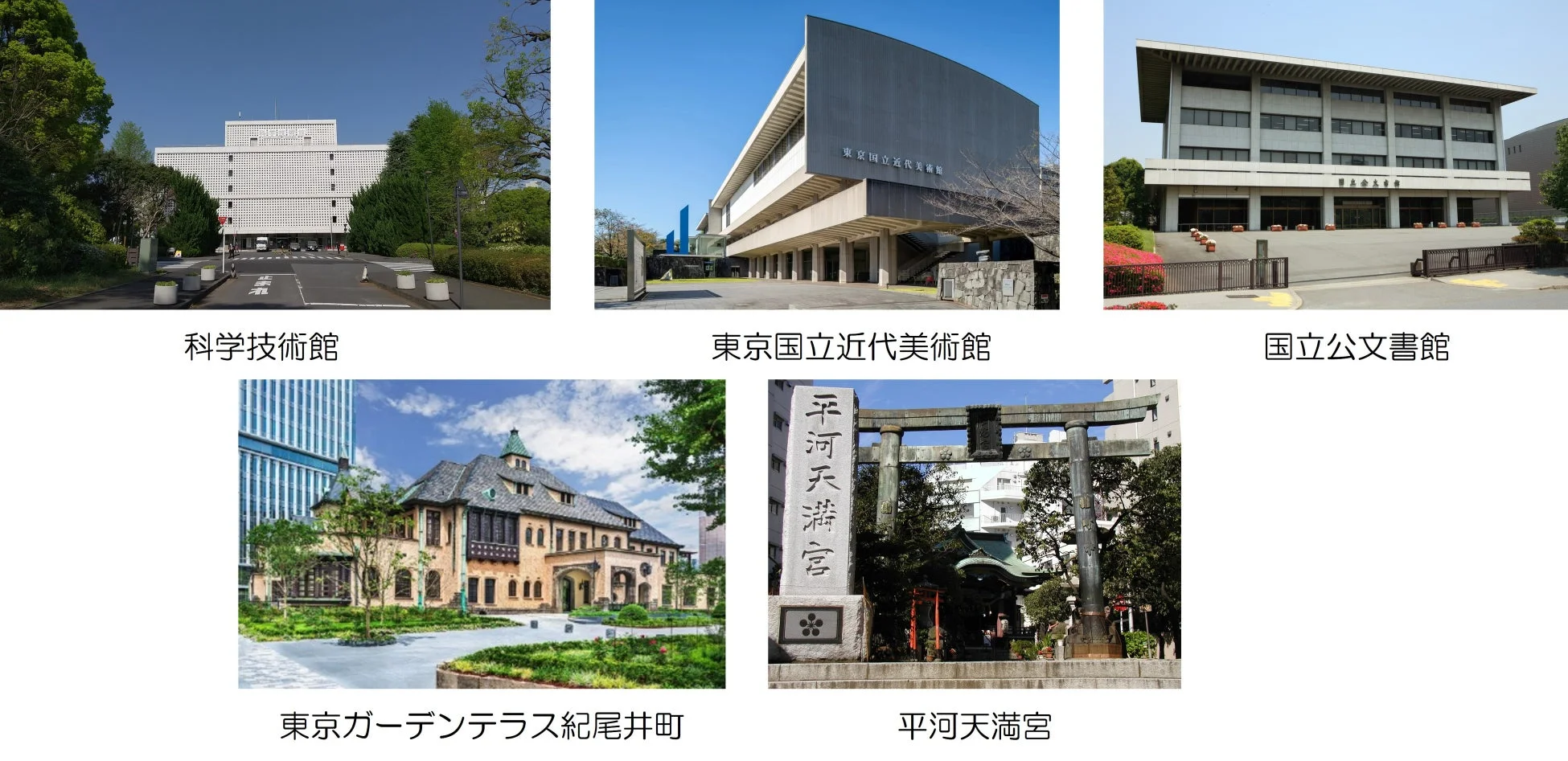 科学技術館、東京国立近代美術館、国立公文書館、東京ガーデンテラス紀尾井町、平河天満宮など、日本の様々な主要施設や歴史的建造物が紹介された画像です。文化、歴史、都市の風景が一度に見て取れます。