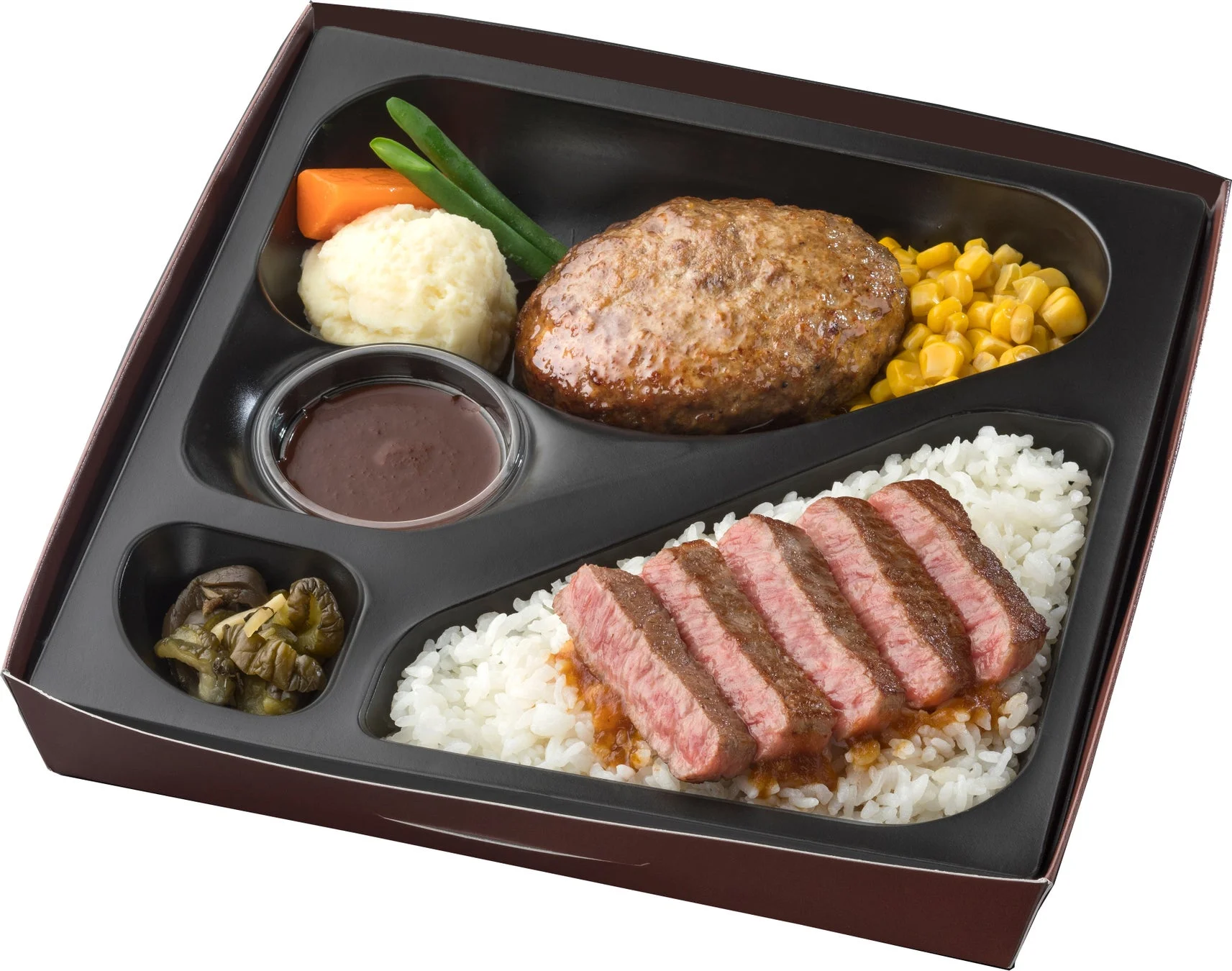 ハンバーグとカットステーキがメインの豪華な弁当